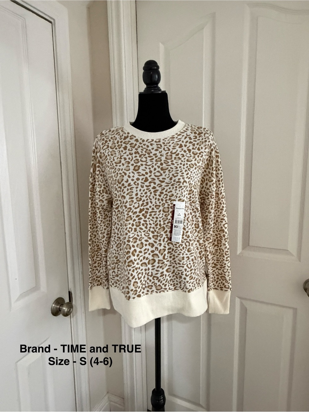 Time and Tru Cream and Tan Leopard Crewneck Sweater